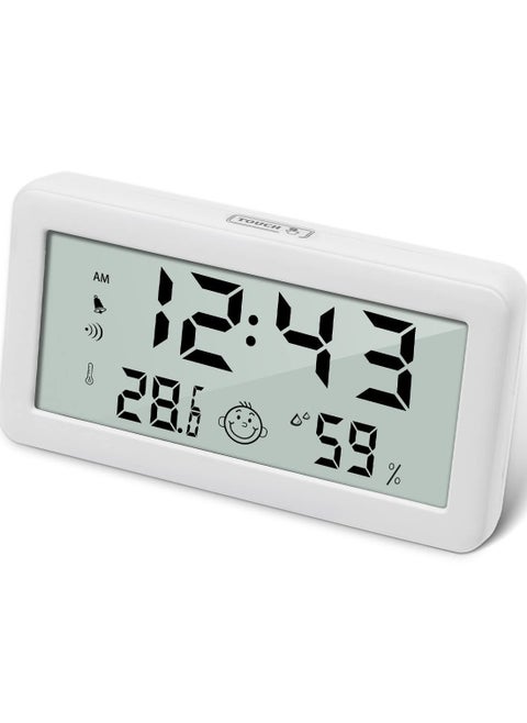 Thermometer Hygrometer Clock, Multifunction Digital Alarm Clock with Temperature and Humidity Monitor and Comfort Indicator for Home Baby Office Garden White