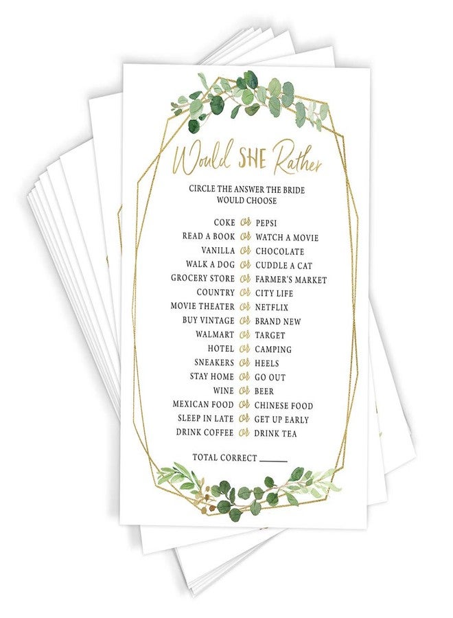 Printed Party Bridal Shower Games - Would She Rather Game with Fun Bride-to-Be Trivia, Wedding Shower Activity, Botanical Greenery Theme, 50 Guests - Image 2