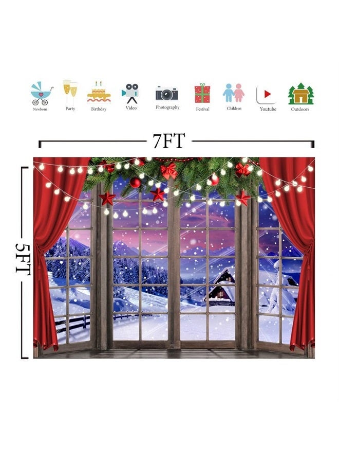7X5FT Christmas Backdrop Xmas Window Photography Backdrop Winter Dream Wonderland Snow Tree Red Curtain Christma Photo Backdrop Studio Props Banner X-67
