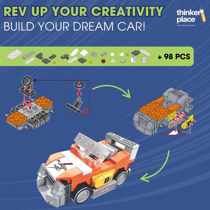 ThinkerPlace 8-in-1 Speed Racing Cars Flash (98 Pieces) | Learn About Electric Vehicles | Building Block Set for Kids Age 6+ | STEM Educational Toy | Build, Collect & Create Big-Size Racing Car - Image 2