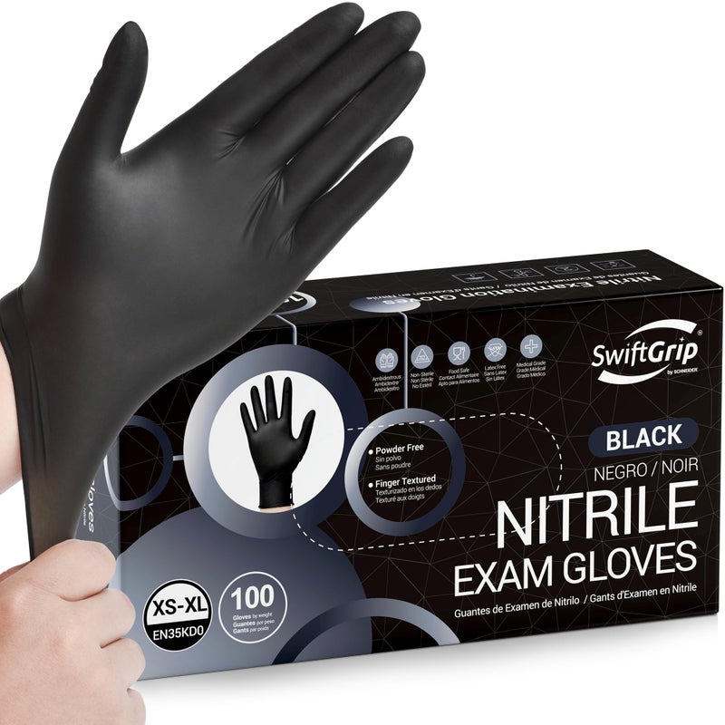 SwiftGrip Disposable Nitrile Exam Gloves, Black Nitrile Gloves Disposable Latex Free for Medical, Cooking & Esthetician, Food-Safe Rubber Gloves, Powder Free, Non-Sterile, 100-ct Box (Large) - Image 1