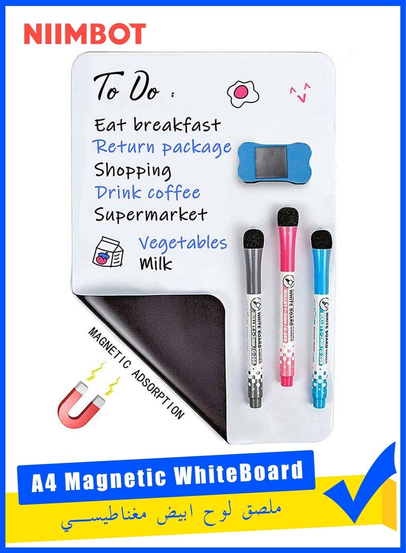 NIIMBOT A4 Magnetic White Board, Dry Erase Sheet with 3 Markers and Eraser, Flexible Fridge Whiteboard with Rounded Corner, Magnetic Memo Board for Kitchen Office Planning and Family Message, 21 x 30 cm - Image 1