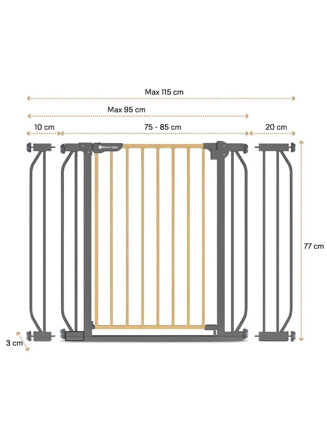 neobreez FERMII Auto Close Safety Baby Toddler Gate| 75 to 85(up to 115 cm)+ 10/20cm Extension| Extra Wide Child Gate For Stairs And Doorways,   Wide Pressure Fit Stair Gate | No Drill Barrier Stair Gate