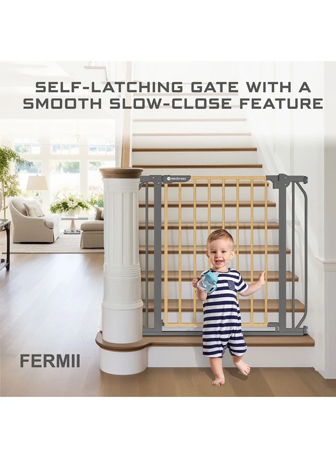 neobreez FERMII Auto Close Safety Baby Toddler Gate| 75 to 85(up to 115 cm)+ 10/20cm Extension| Extra Wide Child Gate For Stairs And Doorways,   Wide Pressure Fit Stair Gate | No Drill Barrier Stair Gate
