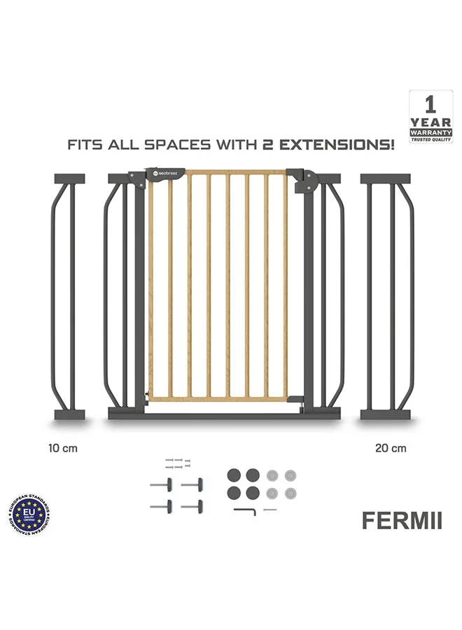 neobreez FERMII Auto Close Safety Baby Toddler Gate| 75 to 85(up to 115 cm)+ 10/20cm Extension| Extra Wide Child Gate For Stairs And Doorways,   Wide Pressure Fit Stair Gate | No Drill Barrier Stair Gate
