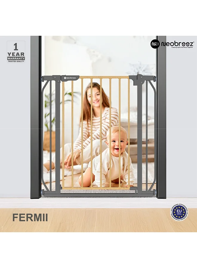 neobreez FERMII Auto Close Safety Baby Toddler Gate| 75 to 85(up to 115 cm)+ 10/20cm Extension| Extra Wide Child Gate For Stairs And Doorways,   Wide Pressure Fit Stair Gate | No Drill Barrier Stair Gate