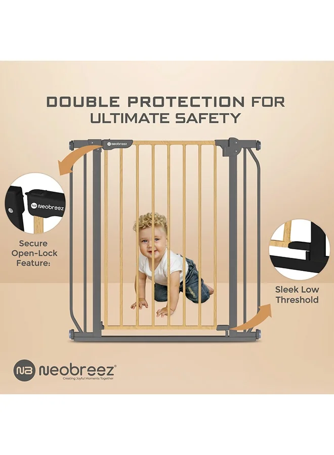 neobreez FERMII Auto Close Safety Baby Toddler Gate| 75 to 85(up to 115 cm)+ 10/20cm Extension| Extra Wide Child Gate For Stairs And Doorways,   Wide Pressure Fit Stair Gate | No Drill Barrier Stair Gate