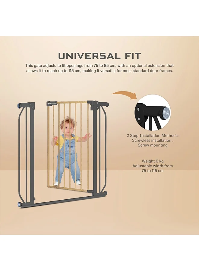 neobreez FERMII Auto Close Safety Baby Toddler Gate| 75 to 85(up to 115 cm)+ 10/20cm Extension| Extra Wide Child Gate For Stairs And Doorways,   Wide Pressure Fit Stair Gate | No Drill Barrier Stair Gate