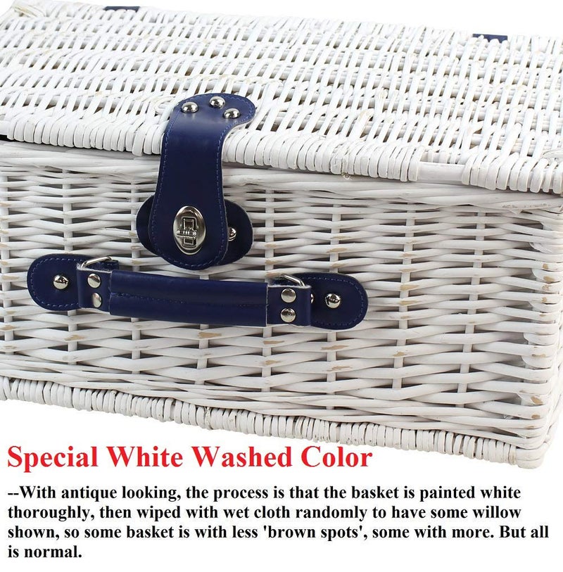 HappyPicnic Picnic Basket Willow for 4 Persons, Large Wicker Hamper Set with Big Insulated Cooler Compartment, Fleece Blanket with Waterproof Backing and Cutlery Service Kit- Fashionable White Washed Color - Image 2