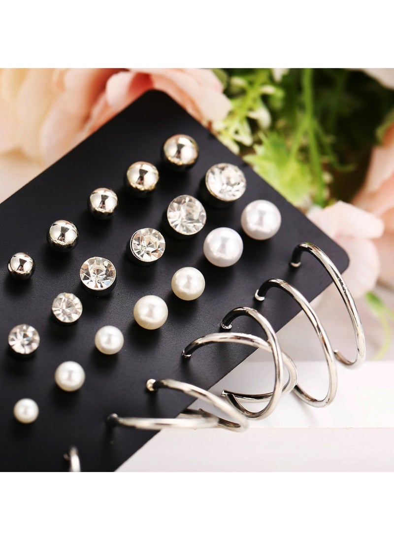 Huitich Elegant Silver-Tone Hoop & Stud Earrings Set 20 Pairs with Crystal Accents  - Image 2