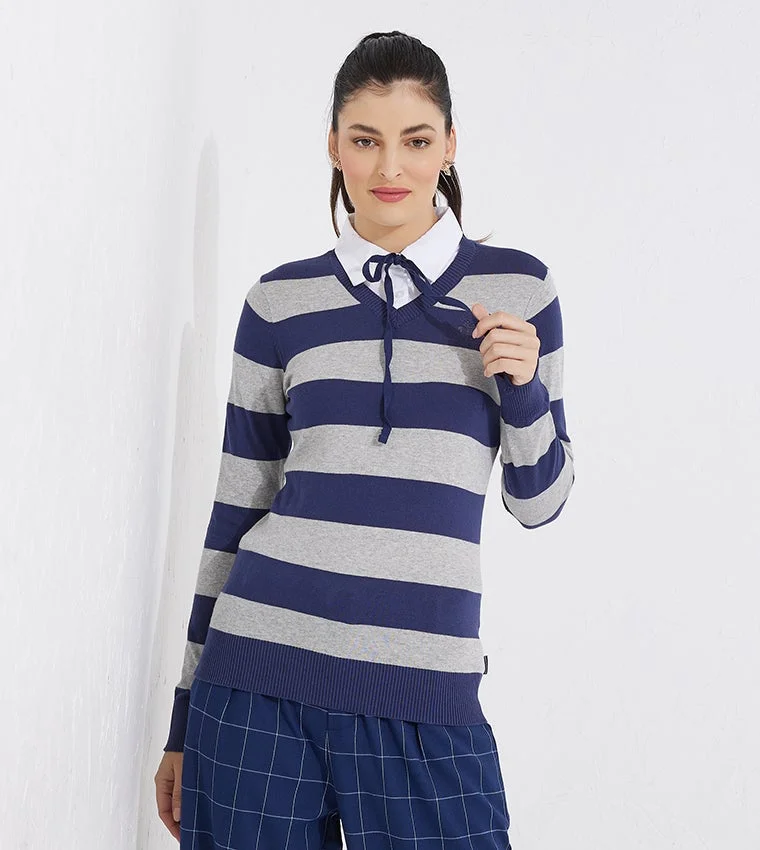 Beverly Hills Polo Club Stripes V-Neck Long Sleeves Women's Pullover