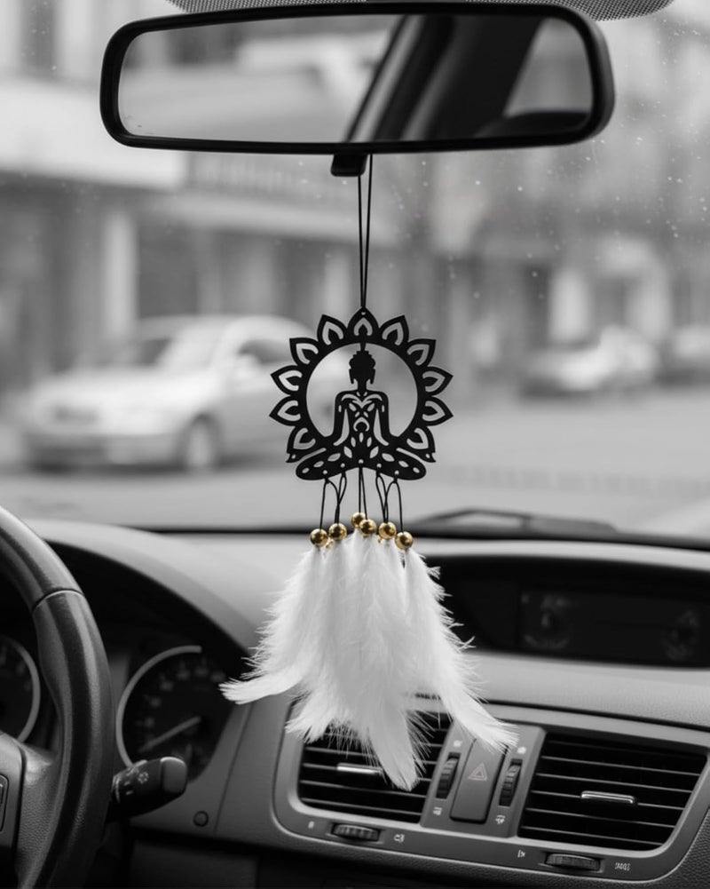 Decorative Car Rearview Mirror Hanging with Feathers, Acrylic Spiritual Accessory for Home, Car, Office Interior Decor (budhha)