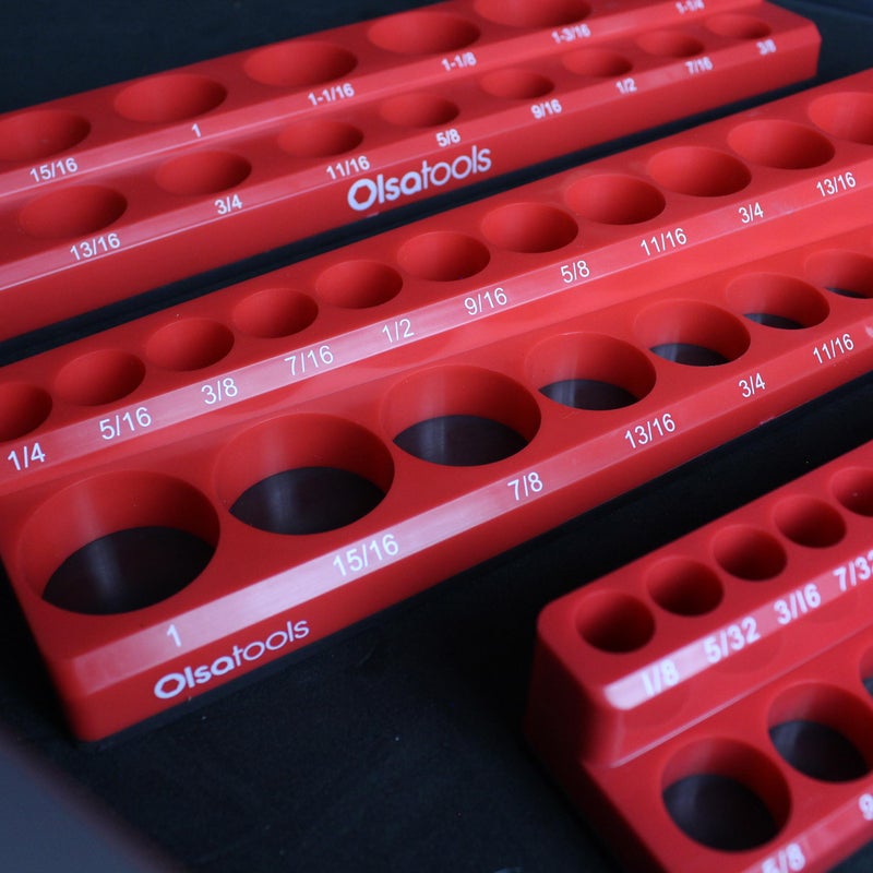 Olsa Tools منظم sockets مغناطيسي من أدوات Olsa | مجموعة 3 قطع لحامل sockets | 1/2 بوصة، 3/8 بوصة، و 1/4 بوصة | SAE أحمر | يحمل 68 socket | منظم أدوات بجودة احترافية الجزء 1150 - Image 5