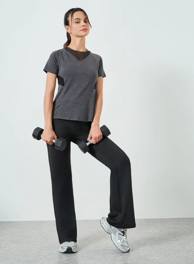 Styli Active Charcoal Melange Mesh Detail Ruched Back Short Sleeves Top