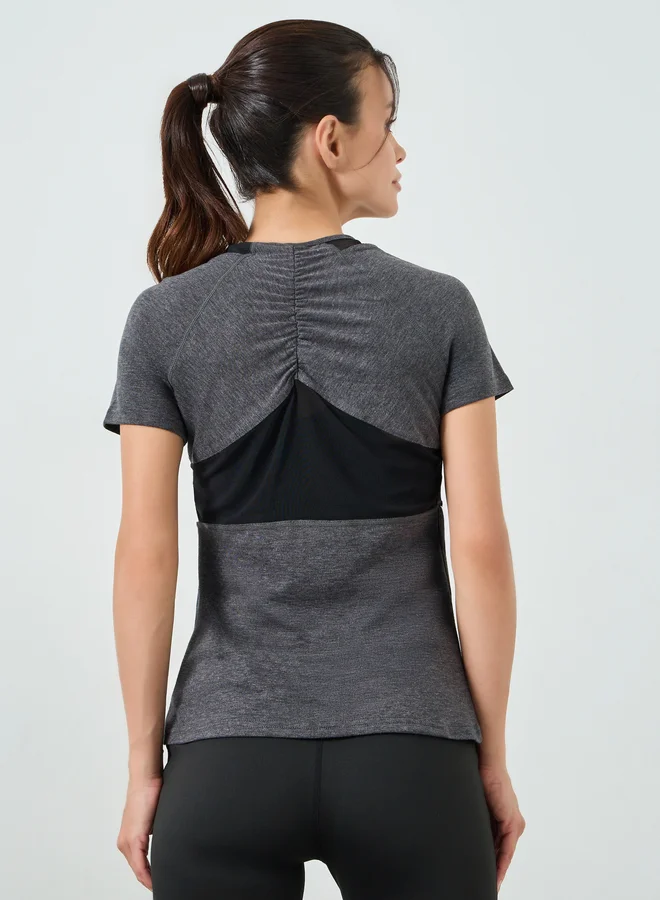 Styli Active Charcoal Charcoal Melange Mesh Detail Ruched Back Short Sleeves Top for Women | Best Price UAE