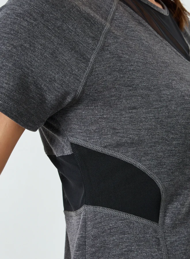 Styli Active Charcoal Charcoal Melange Mesh Detail Ruched Back Short Sleeves Top for Women | Best Price UAE