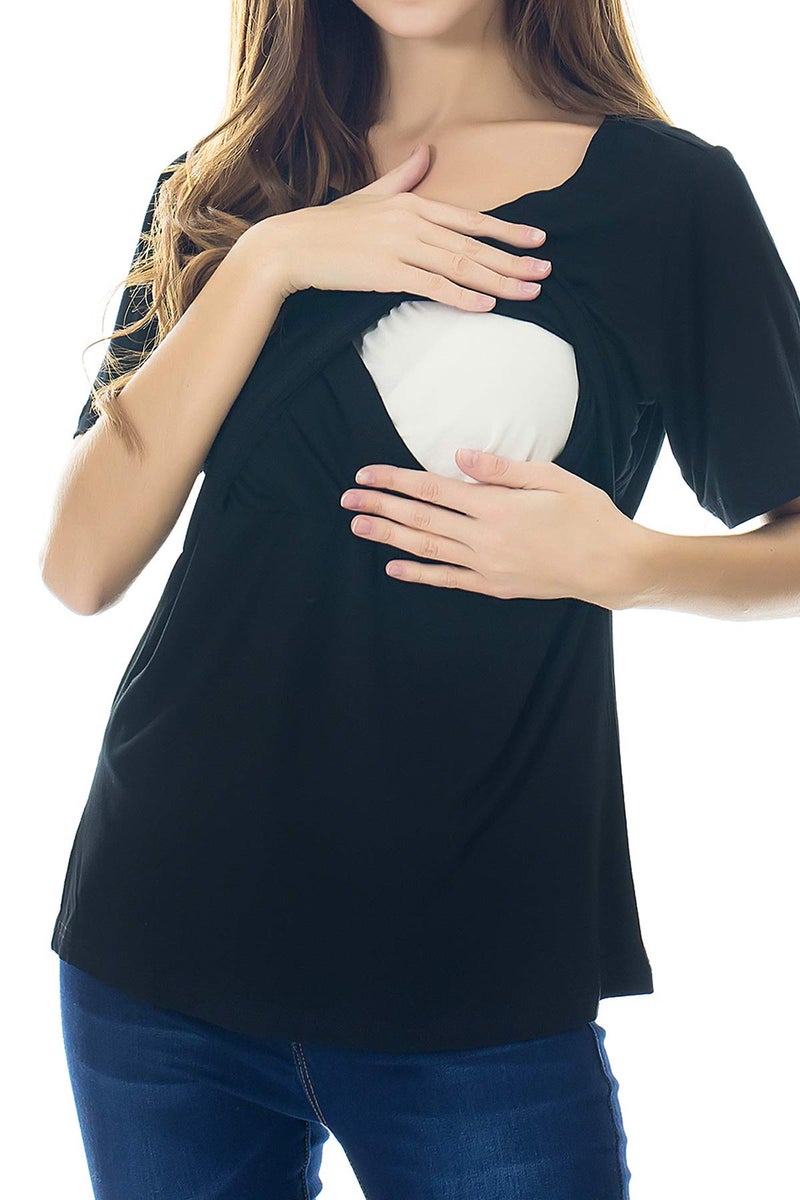 Smallshow 3 Pcs Maternity Nursing T-shirt Nursing Tops,Wine-Black-Grey,Large - Image 3