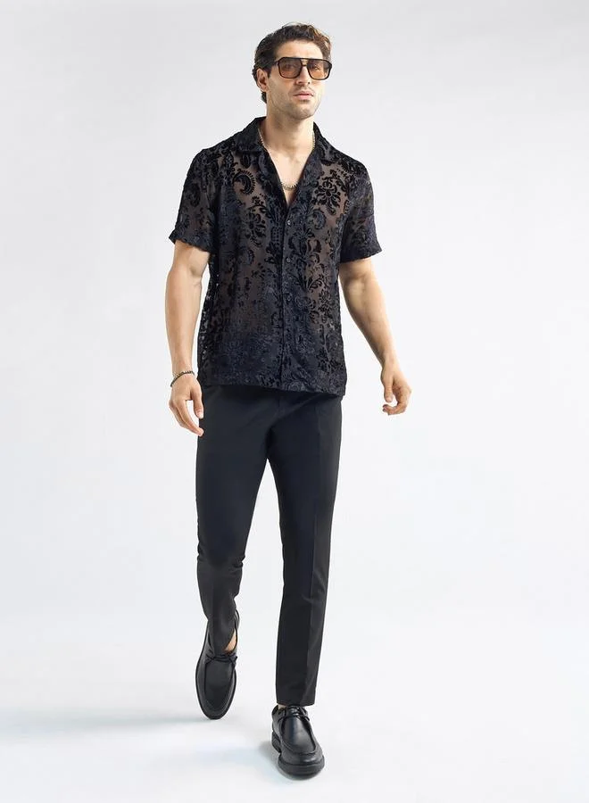Splash FAV Regular Fit Floral Textured Shirt with Short Sleeves and Camp Collar