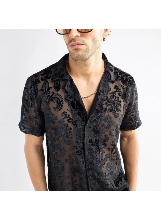 Splash FAV Regular Fit Floral Textured Shirt with Short Sleeves and Camp Collar