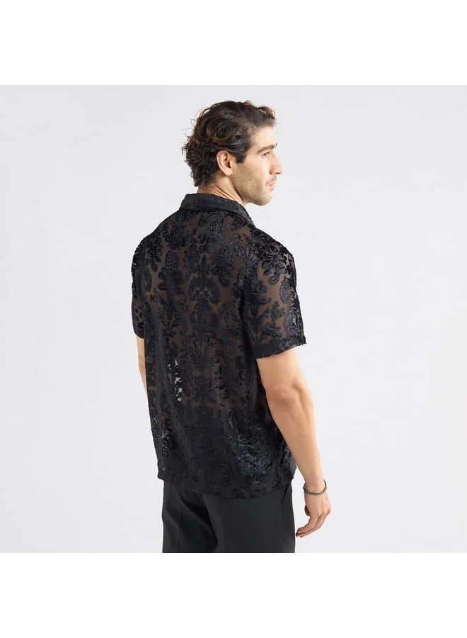 Splash FAV Regular Fit Floral Textured Shirt with Short Sleeves and Camp Collar