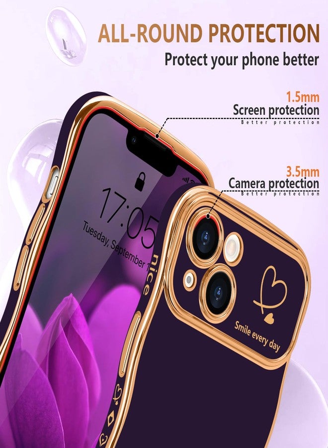 جراب LCHULLE لهاتف iPhone 14 للنساء والفتيات، جراب هاتف بتصميم قلب وإطار مموج لطيف، غطاء فاخر مقاوم للصدمات مع حماية بارزة للكاميرا، مناسب لهاتف iPhone 14 (6.1 بوصة)، لون بنفسجي داكن - Image 4