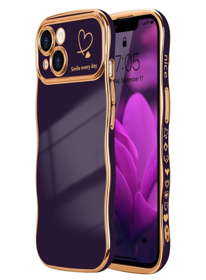 جراب LCHULLE لهاتف iPhone 14 للنساء والفتيات، جراب هاتف بتصميم قلب وإطار مموج لطيف، غطاء فاخر مقاوم للصدمات مع حماية بارزة للكاميرا، مناسب لهاتف iPhone 14 (6.1 بوصة)، لون بنفسجي داكن - Image 1