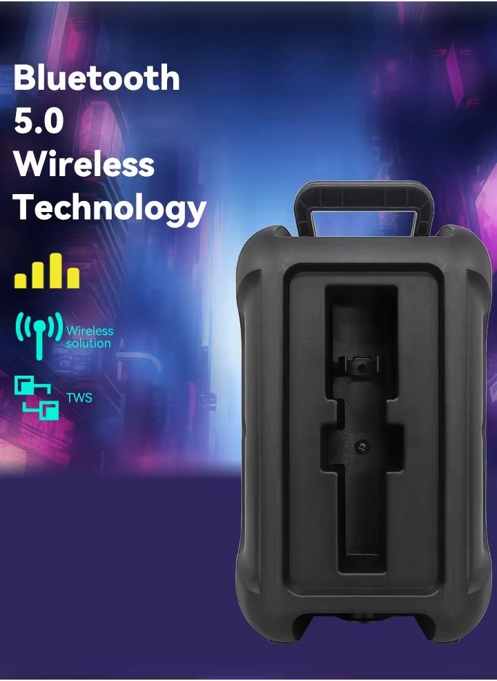 مكبر صوت لاسلكي يعمل بتقنية البلوتوث يحتوي على راديو FM , مدخل ذاكرة TF ,مدخل USB , مدخل ميكروفون بطارية قابلة للشحن