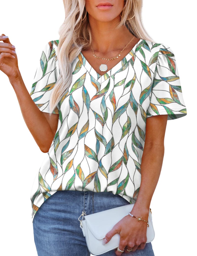 OFEEFAN Summer Tops for Women 2025 Cute Floral Blouses Dressy Casual Pleated Short Sleeve Graphic Tees Patterned White Print XL - Image 1
