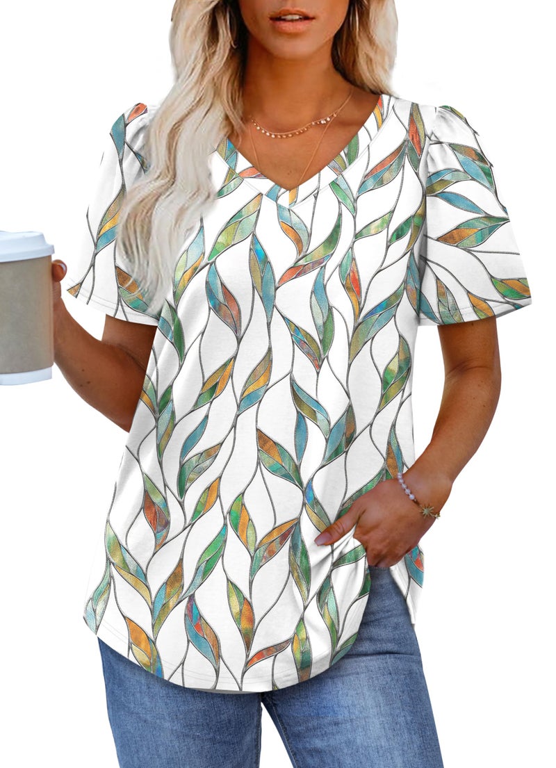 OFEEFAN Summer Tops for Women 2025 Cute Floral Blouses Dressy Casual Pleated Short Sleeve Graphic Tees Patterned White Print XL - Image 2