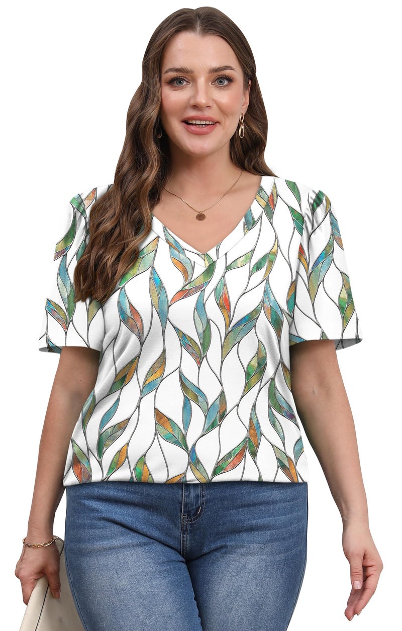 OFEEFAN Summer Tops for Women 2025 Cute Floral Blouses Dressy Casual Pleated Short Sleeve Graphic Tees Patterned White Print XL - Image 3