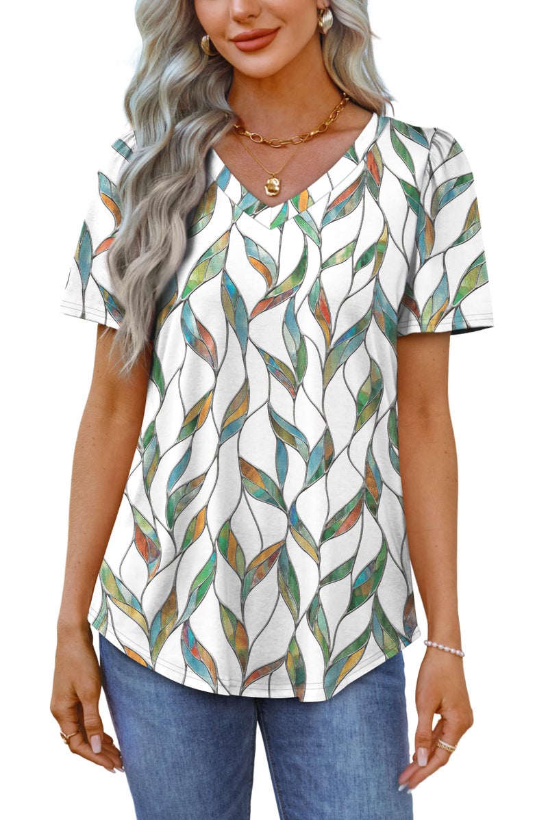 OFEEFAN Summer Tops for Women 2025 Cute Floral Blouses Dressy Casual Pleated Short Sleeve Graphic Tees Patterned White Print XL - Image 4