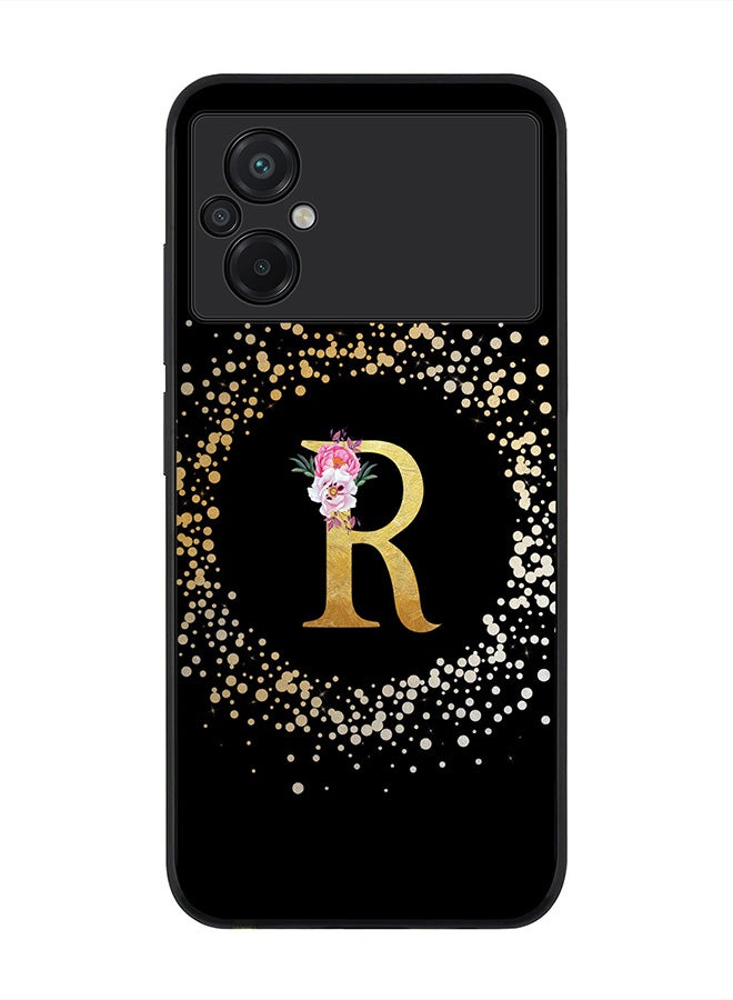 Stylizedd Rugged Black edge case for Xiaomi Poco M5, Slim fit Rubber Edges Thin Cover -  Custom Monogram Initial Letter Floral Pattern Alphabet - R  (Black ) - Image 1