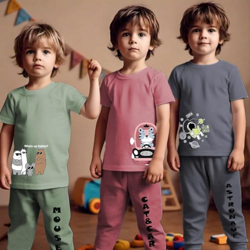 Toddylon Unisex Clothing Sets Short Sleeve T-Shirt & Pant Combo Cotton Clothing Set for Baby Boys & Girls (Pack of 3, 3-4 Years), Printed, Multicolour - Image 3