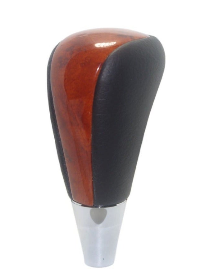 Gear Shift Knob, Leather Brown Wood Chrome Gear Shift Knob Compatible for Toyota Lexus Camry Crown (Black, Chrome) - Image 1