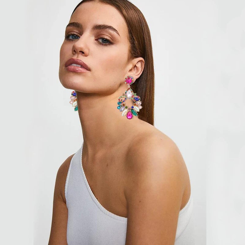 VANGETIMI Fashion Rhinestone Statement Drop Dangle Zinc Earrings Large Colorful Crystal Chandelier Earrings for Women Bridal Wedding Party Prom - Image 2