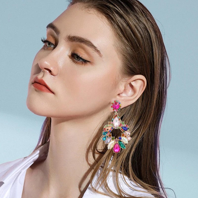 VANGETIMI Fashion Rhinestone Statement Drop Dangle Zinc Earrings Large Colorful Crystal Chandelier Earrings for Women Bridal Wedding Party Prom - Image 3