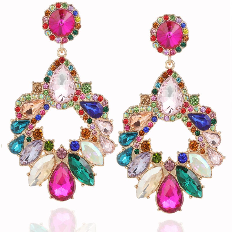 VANGETIMI Fashion Rhinestone Statement Drop Dangle Zinc Earrings Large Colorful Crystal Chandelier Earrings for Women Bridal Wedding Party Prom - Image 1