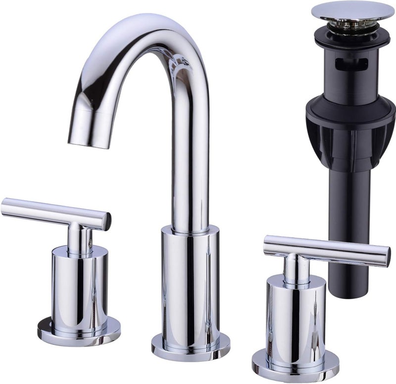 TRUSTMI 2-Handle 8 inch Widespread Brass Bathroom Vanity Sink Faucet with cUPC Water Supply Lines, Build-in Stopper Overflow Pop Up Drain Included,Chrome - Image 1