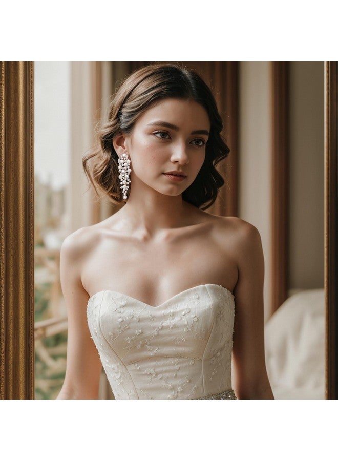 BriLove Wedding Bridal Earrings For Women Simulated Pearl Crystal Multi Beaded Cluster Chandelier Dangle Earrings Ivory Color Goldtoned - Image 3