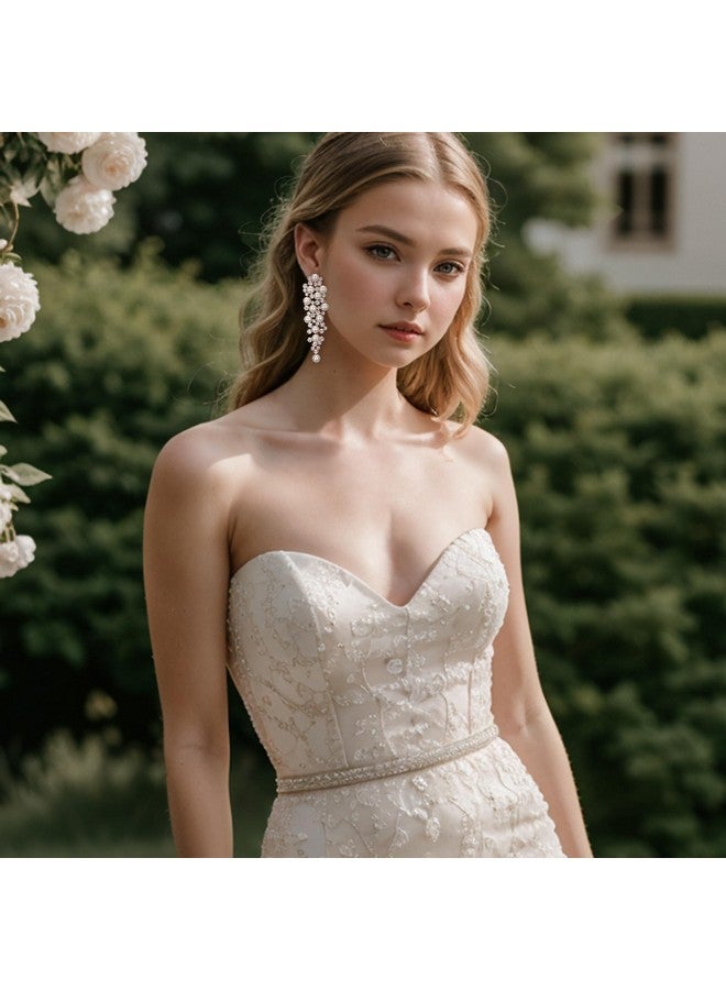 BriLove Wedding Bridal Earrings For Women Simulated Pearl Crystal Multi Beaded Cluster Chandelier Dangle Earrings Ivory Color Goldtoned - Image 2