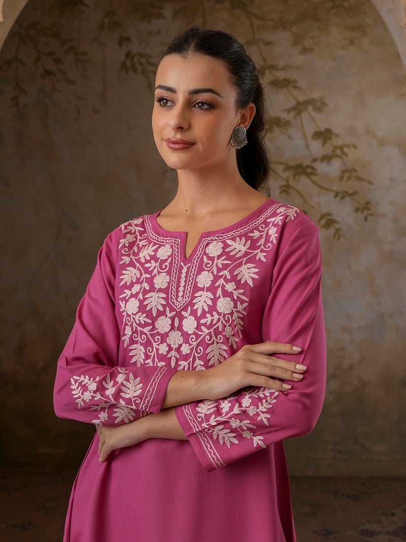 QAZMI Women's Kashmiri A-Line Full Sleeves Viscose Rayon Pink Flared Short Kurti_M - Image 4