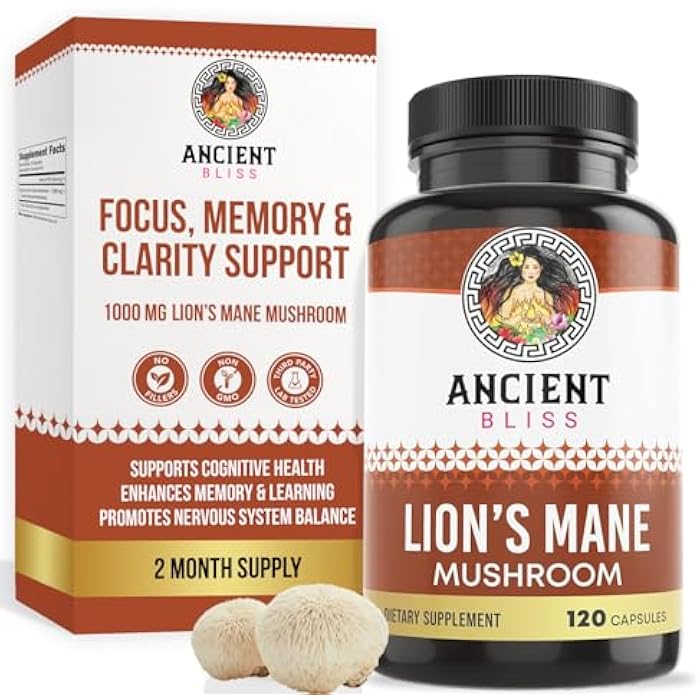 Ancient Bliss Lion's Mane Supplement (2 Month Supply)- 120 Vegan Mushroom Capsules- May Supports Mental Clarity, Energy & May Focus- Memory & Immune Support Mushroom Supplement - Image 1