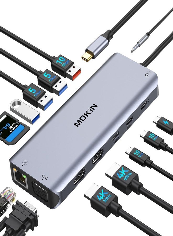 Mokin USB C 14 in 1 Docking Station 3 Monitors Multiport Adapter, Laptop Docking Station Dual Monitor with 2 HDMI 4K, VGA, RJ45 Ethernet, 10 Gbps USB C/A, 100W PD, SD/TF - Image 1