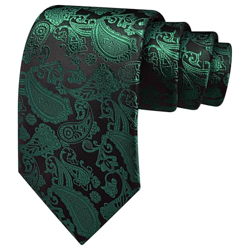 GUSLESON Emerald Green Mens Paisley Wedding Necktie Pocket Square Cufflinks and Lapel Pin Brooch Set (IN6105-53) - Image 3