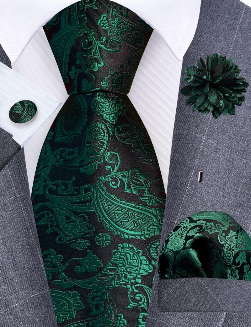 GUSLESON Emerald Green Mens Paisley Wedding Necktie Pocket Square Cufflinks and Lapel Pin Brooch Set (IN6105-53) - Image 2