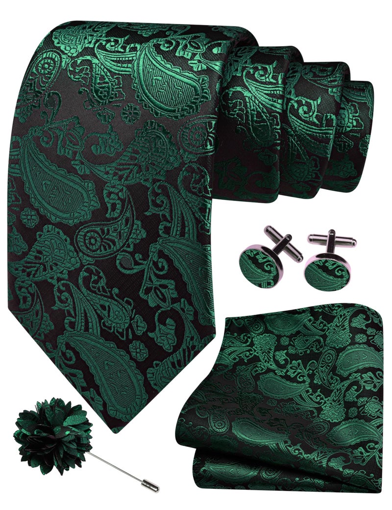 GUSLESON Emerald Green Mens Paisley Wedding Necktie Pocket Square Cufflinks and Lapel Pin Brooch Set (IN6105-53) - Image 1