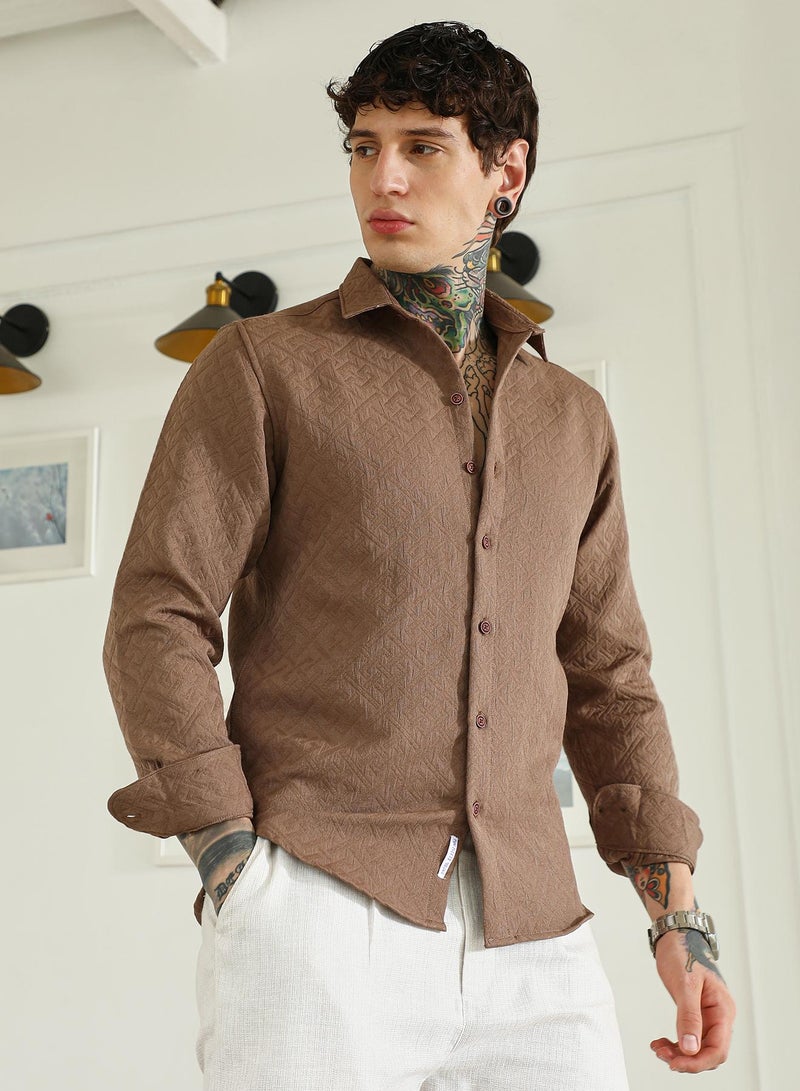 Campus Sutra Men's Textured Brown Cotton Blend Full Sleeve Shirt  - Image 3