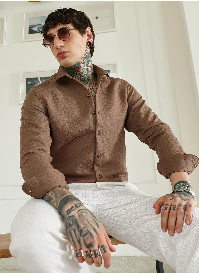 كامبوس سوترا Men's Textured Brown Cotton Blend Full Sleeve Shirt