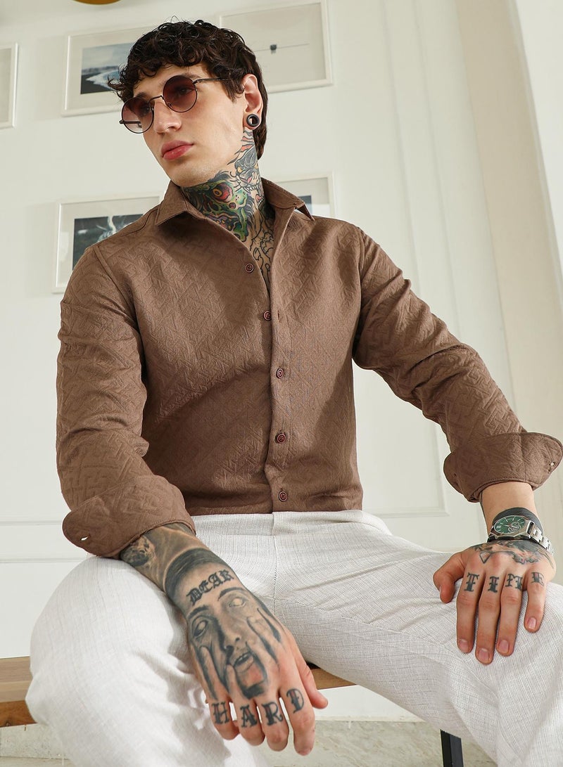 Campus Sutra Men's Textured Brown Cotton Blend Full Sleeve Shirt  - Image 1