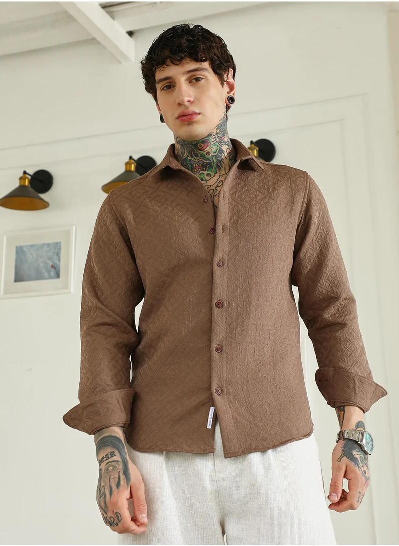 كامبوس سوترا Men's Textured Brown Cotton Blend Full Sleeve Shirt